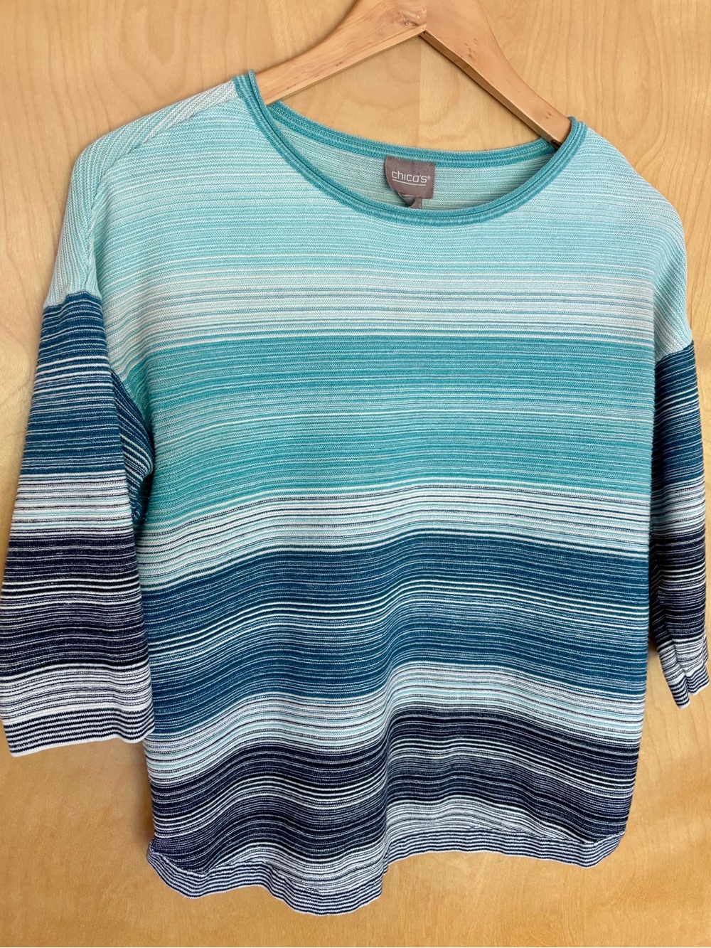 Chico's Striped Ombre Knit Top in Aqua, Teal, and Navy